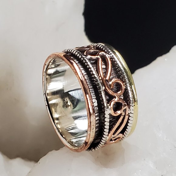 Sterling Silver 925/14k Rose Gold plated Band Boho Artisan Silversmith Ring - Picture 3 of 7